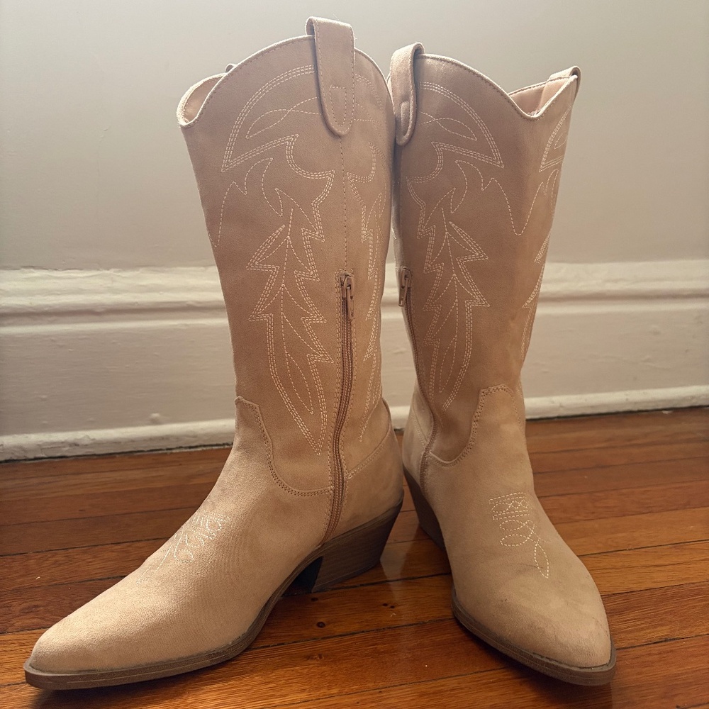 Beige Mid-calf Suede Cowboy Boots